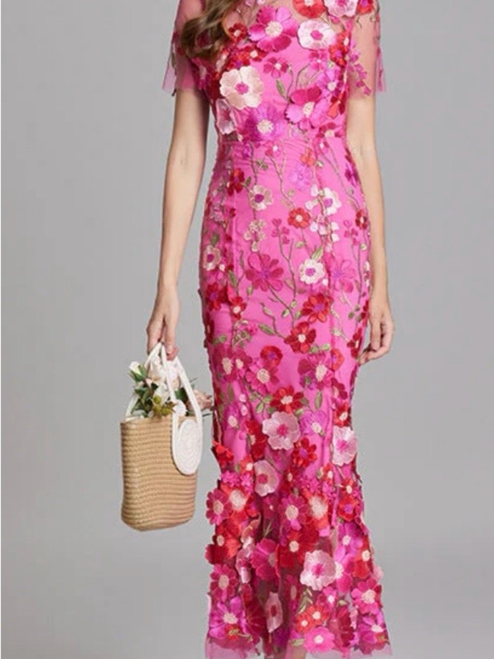 Pink Floral Embroidered Maxi Dress for Wedding